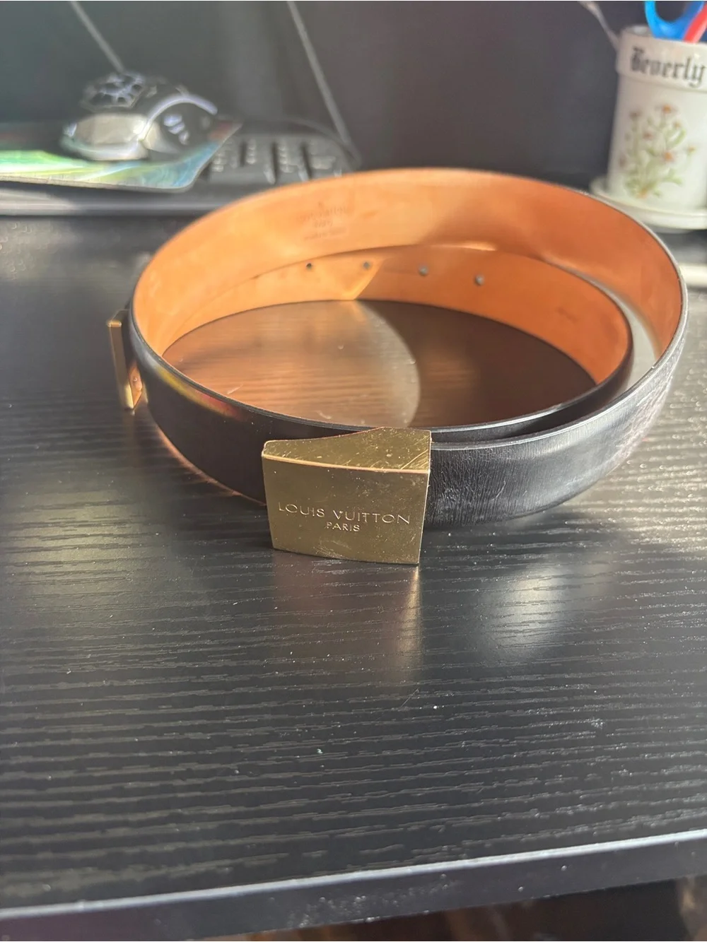 Louis Vuitton vintage Black Leather Belt with Gold Logo Buckle - Picture 1 of 16